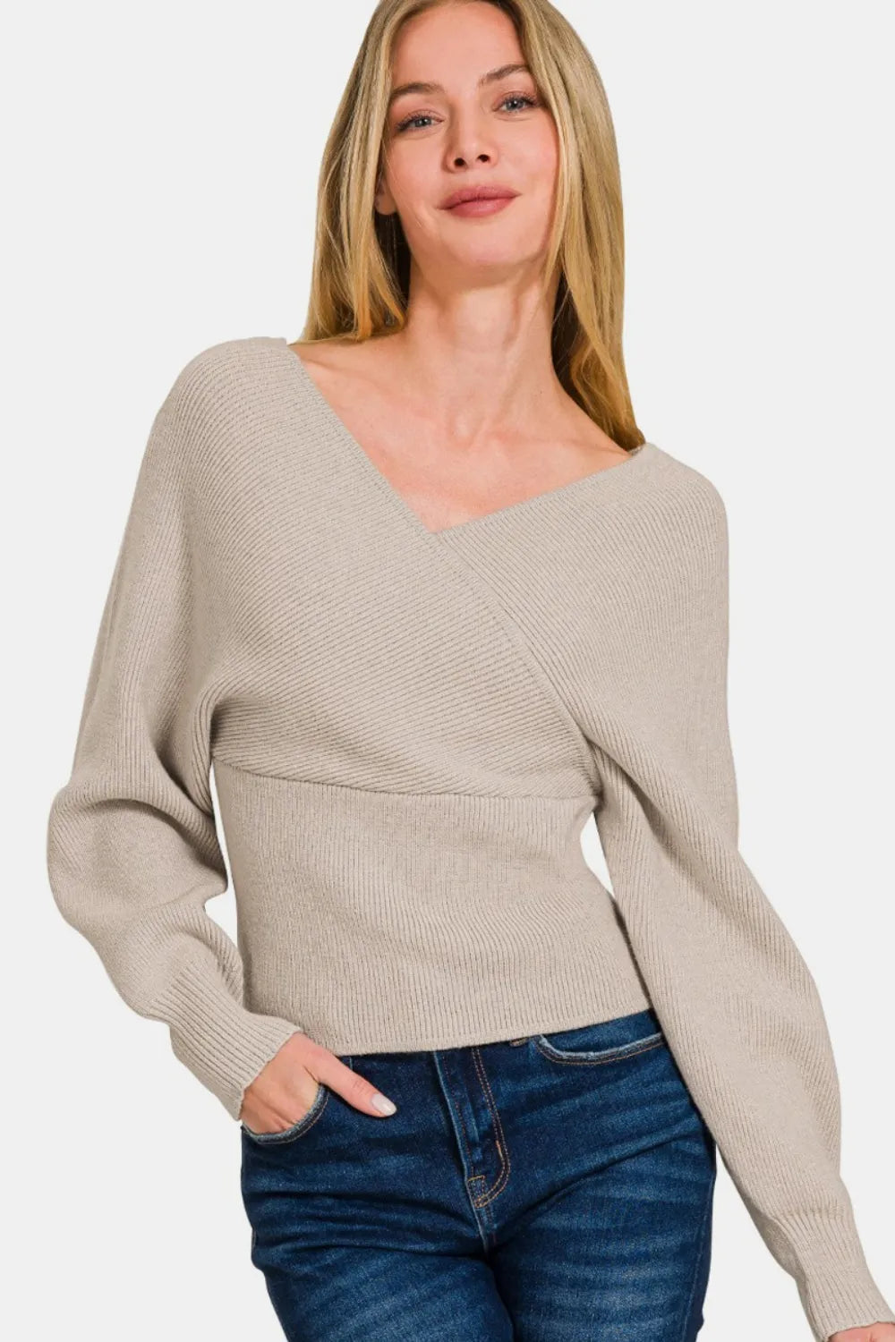 Cross Wrap Ribbed Long Sleeve Sweater in Mocha
