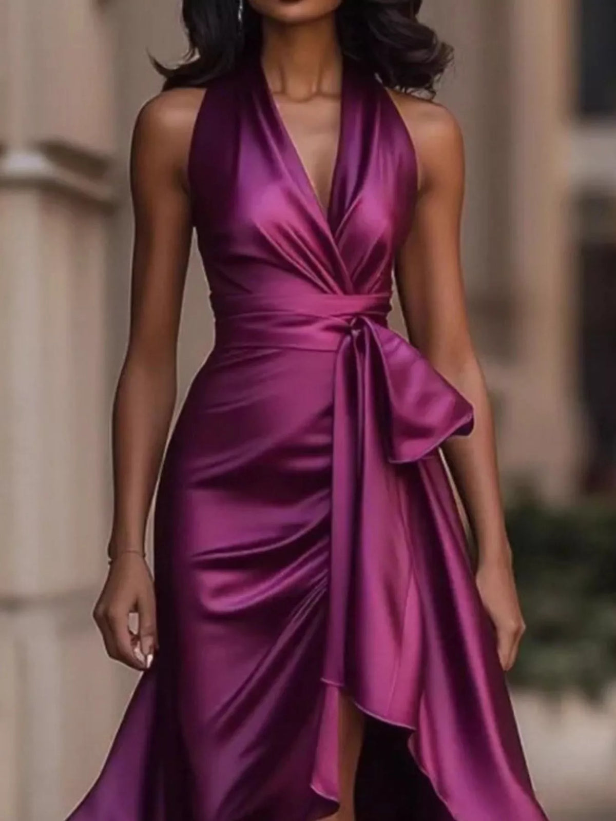Satin high low maxi dress styled on model