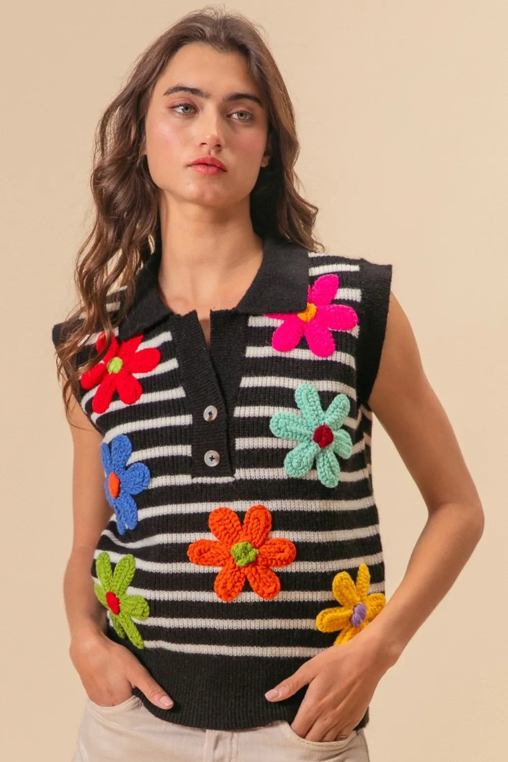 Floral Striped Half Button Sweater Vest detail