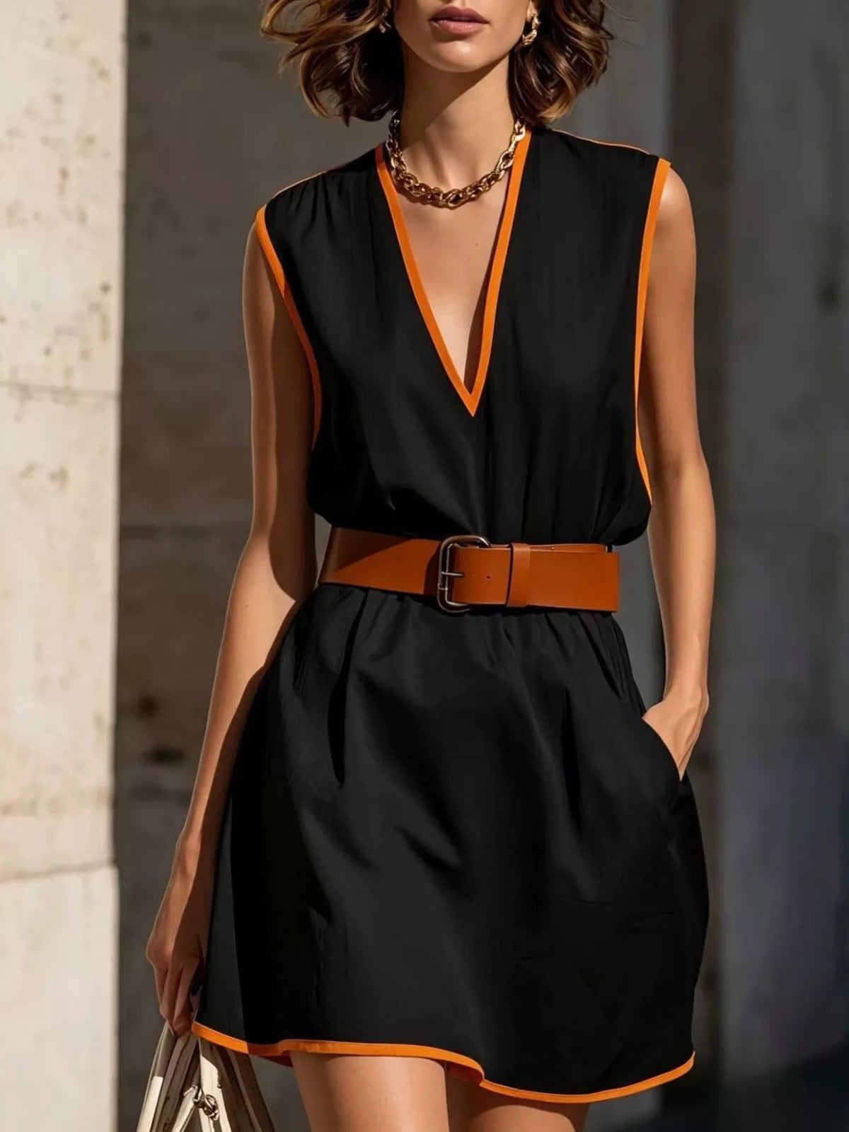 Pocket detail on the sleeveless contrast trim dress
