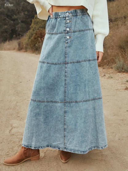 Button-Front Tiered Maxi Denim Skirt Snow Color - Fashorio