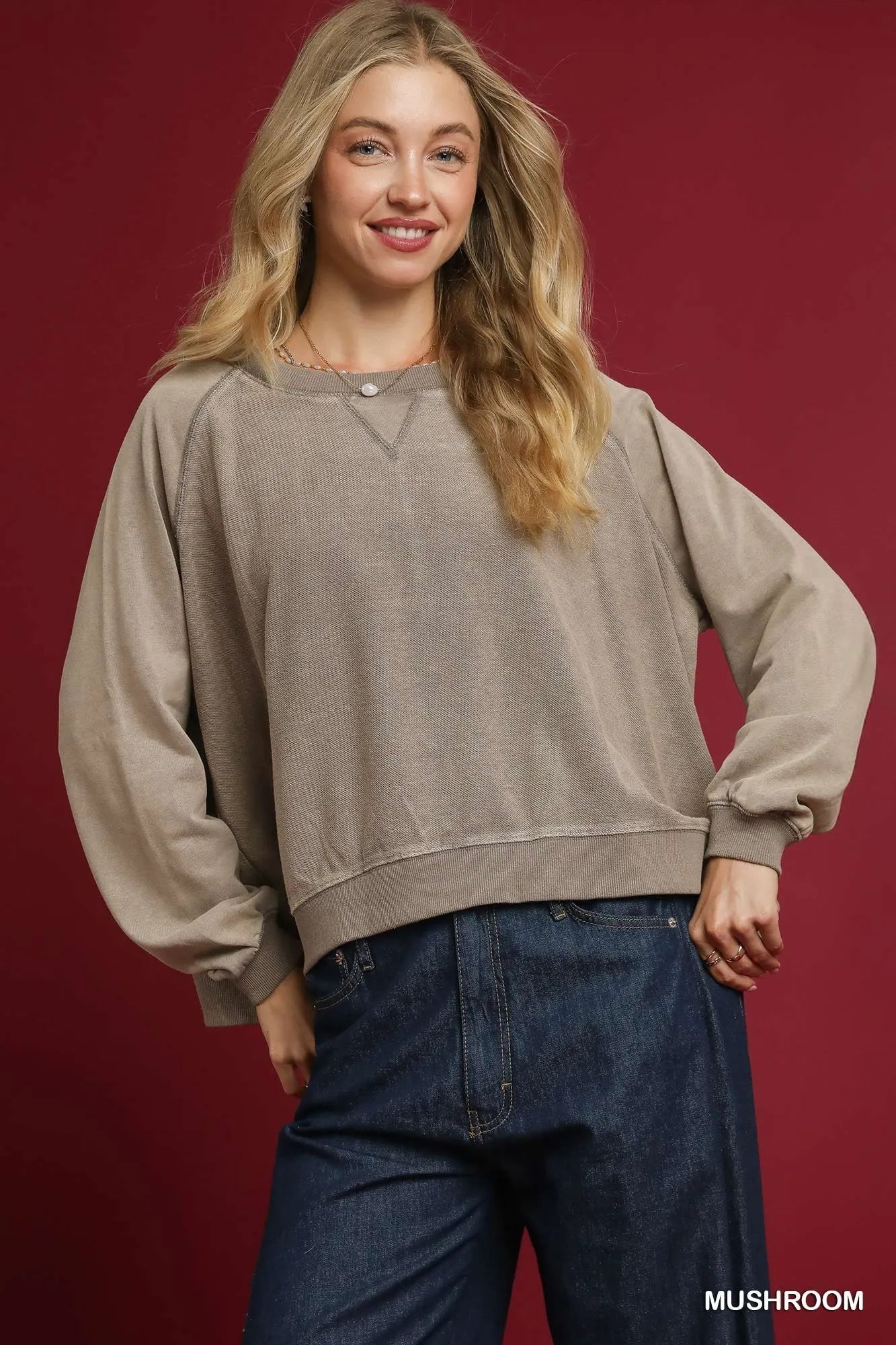 Umgee Mineral Wash French Terry Sweatshirt MUSHROOM - Fashorio