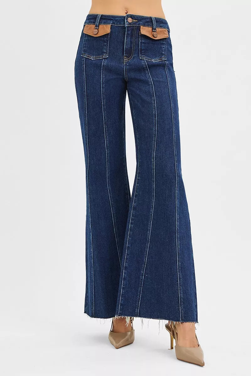 RISEN flare jeans front leather pocket detail