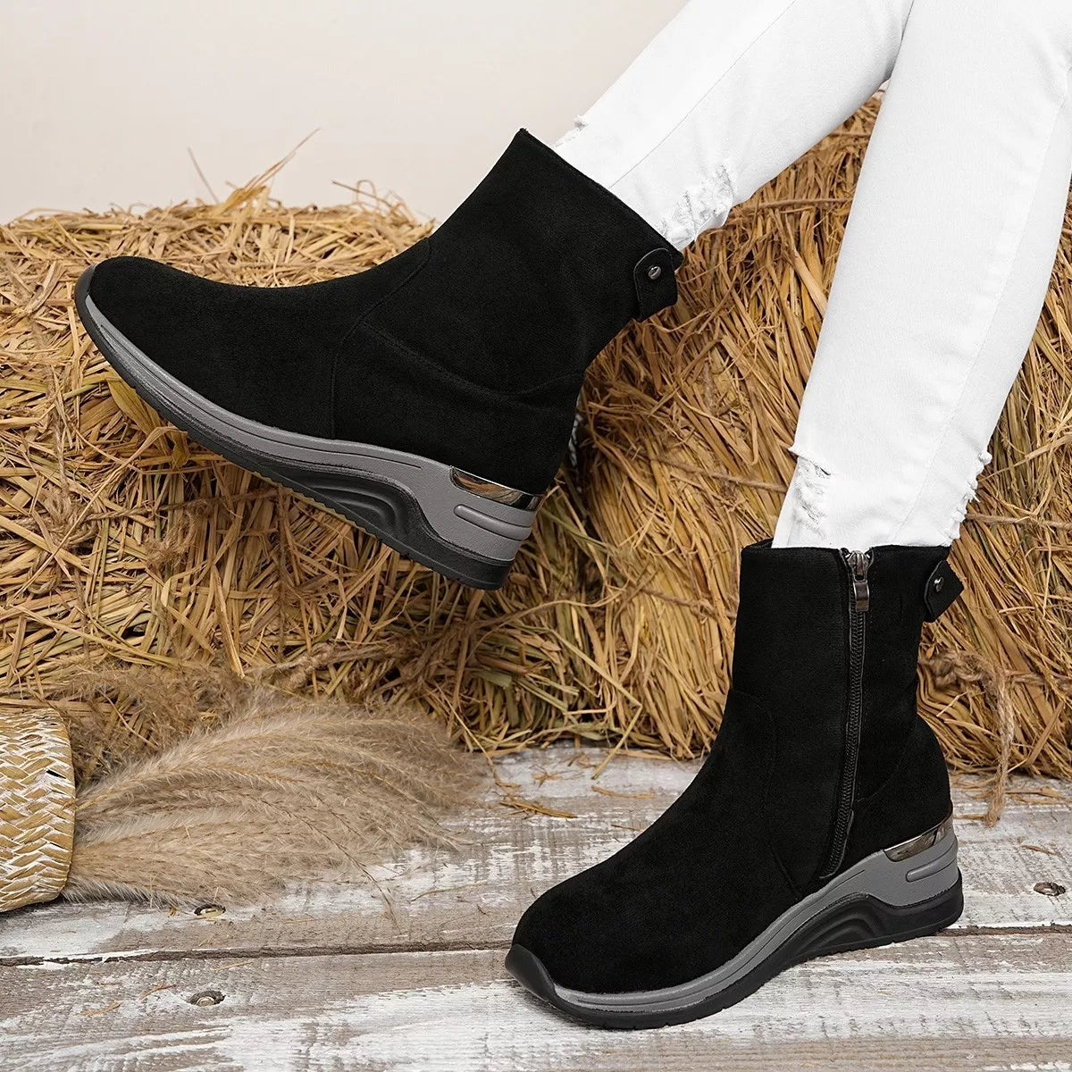 suede wedge heel ankle boots full outfit view