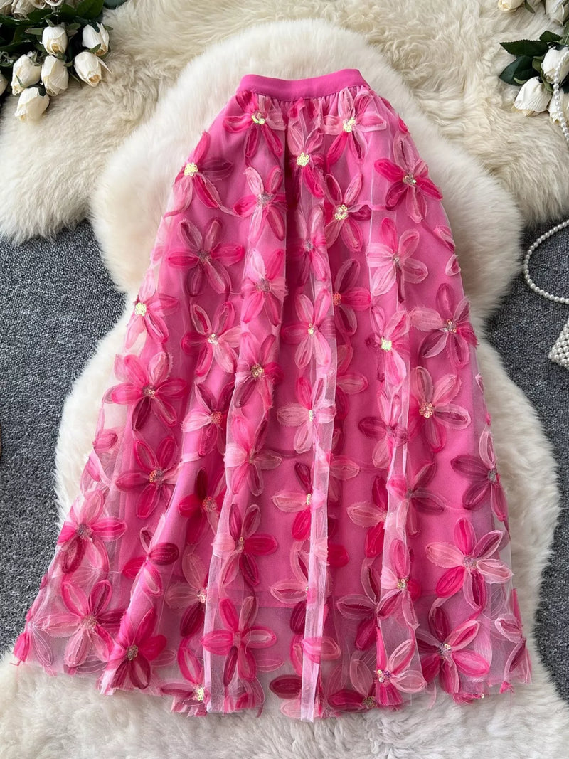 Floral embroidered mesh layered skirt, front view