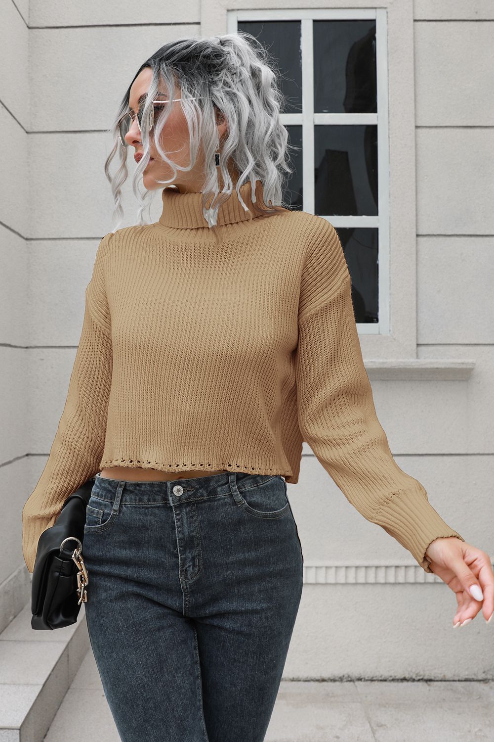 Turtleneck Dropped Shoulder Sweater - Fashorio