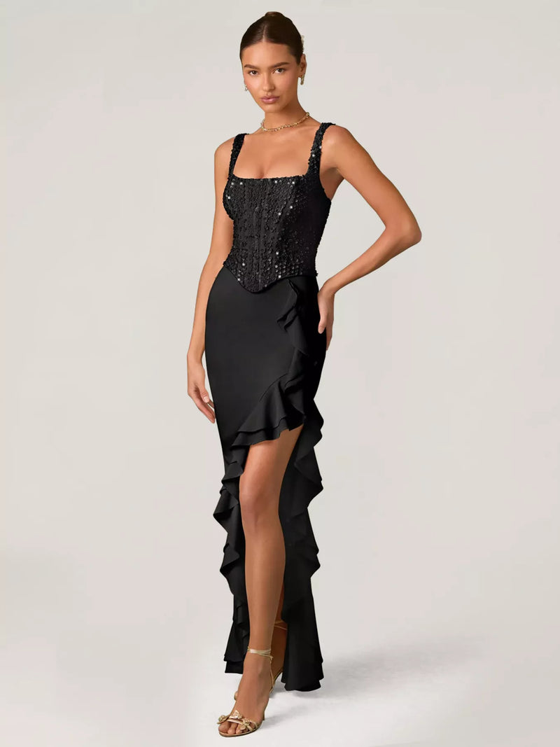 Sequin ruffle hem maxi dress, front view