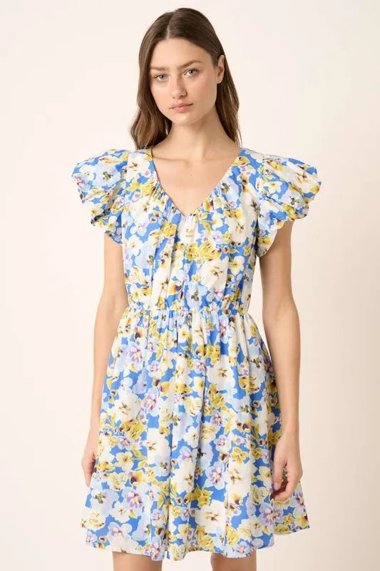 Floral V-neck cap sleeve mini dress front view