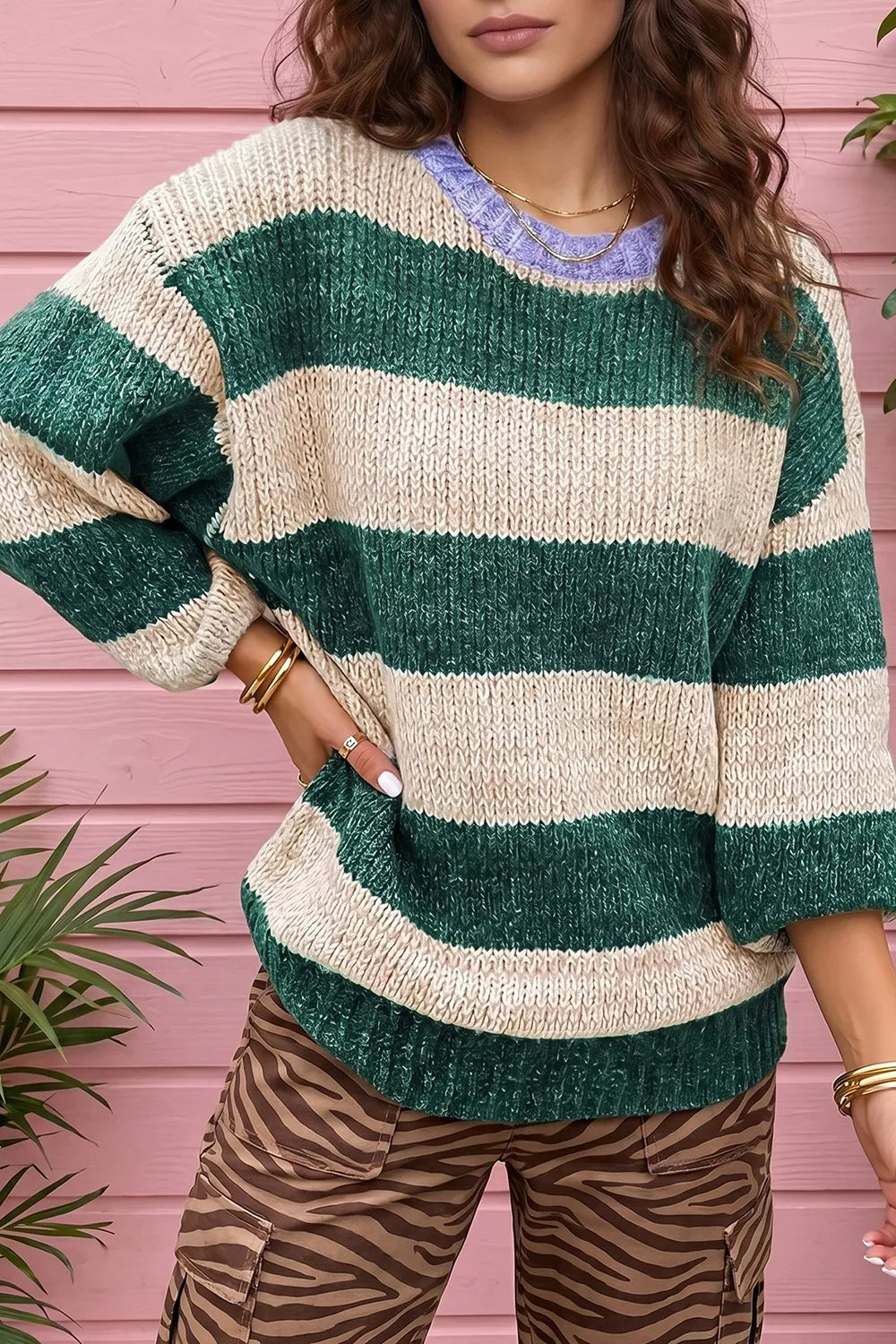 Striped Colorblock Drop Shoulder Pullover