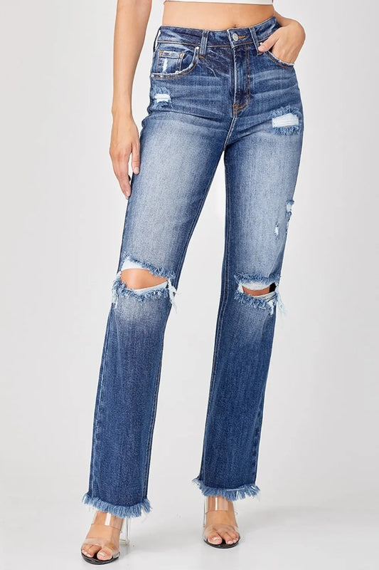 Risen Full Size Raw Hem Distressed Straight Jeans – High Waist Denim Dark blue - Fashorio