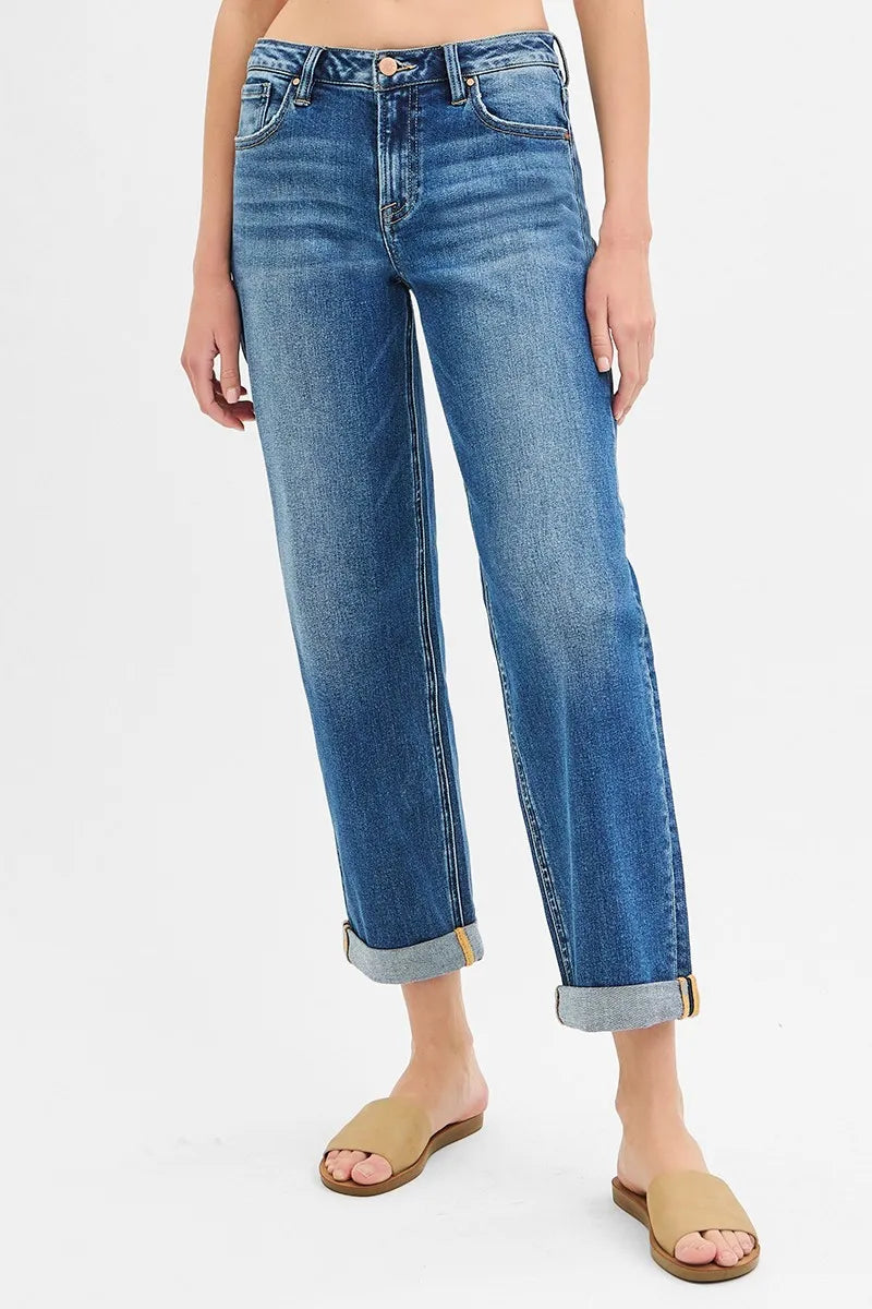 RISEN Full Size Mid Rise Boyfriend Roll Up Jeans Plus Size - Fashorio