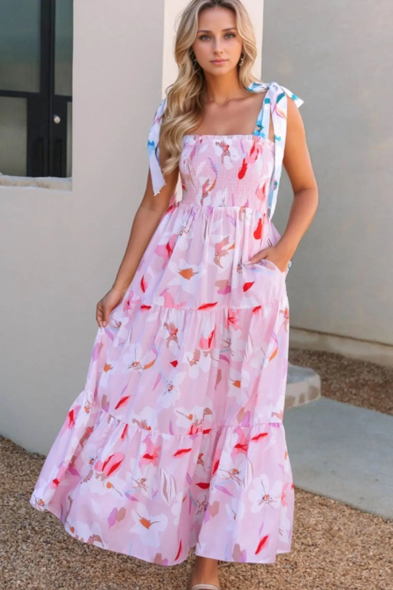 Floral print knotted shoulder smocked maxi dress in blush pink, front view