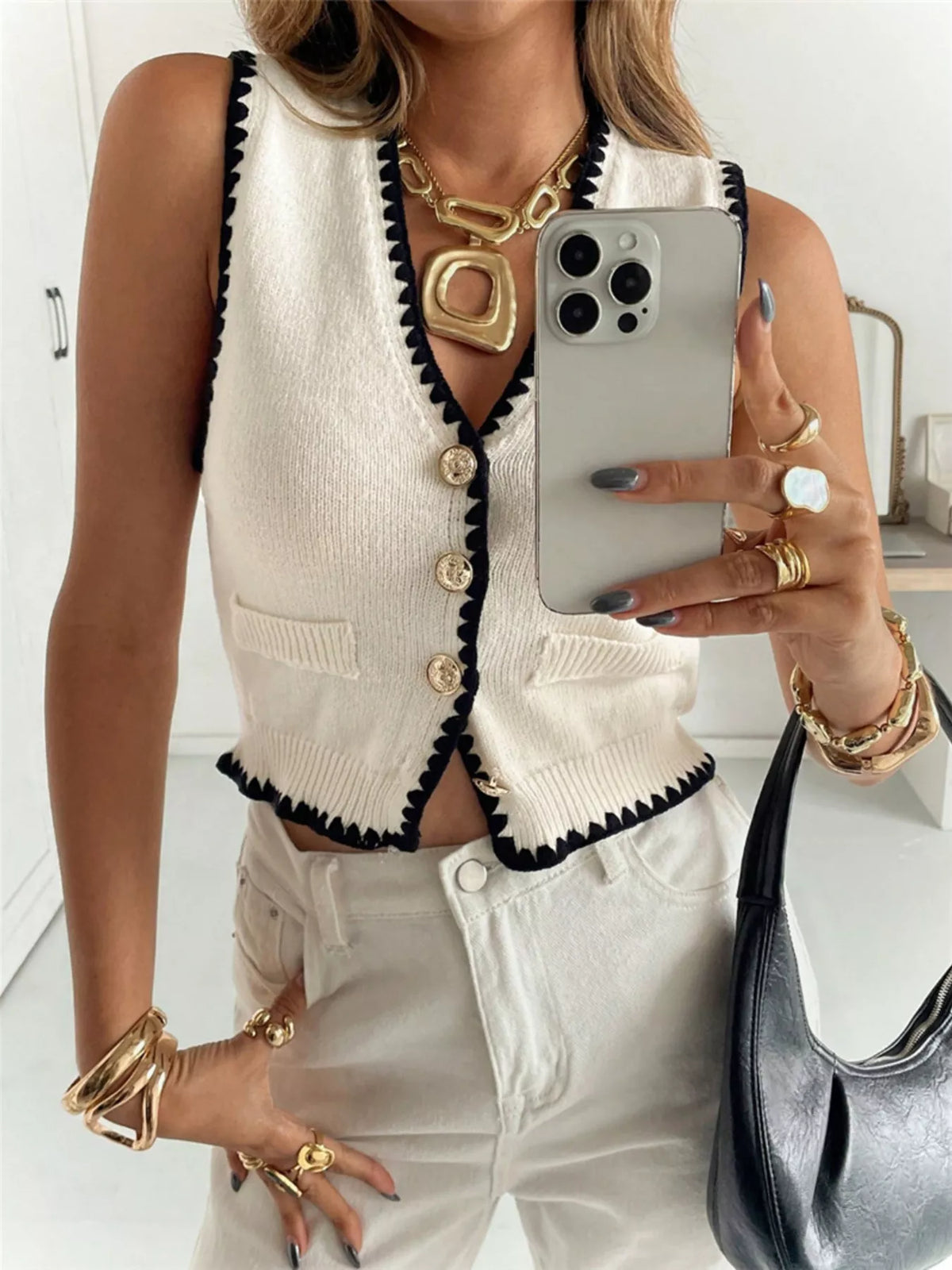 Contrast trim button up sweater vest front view