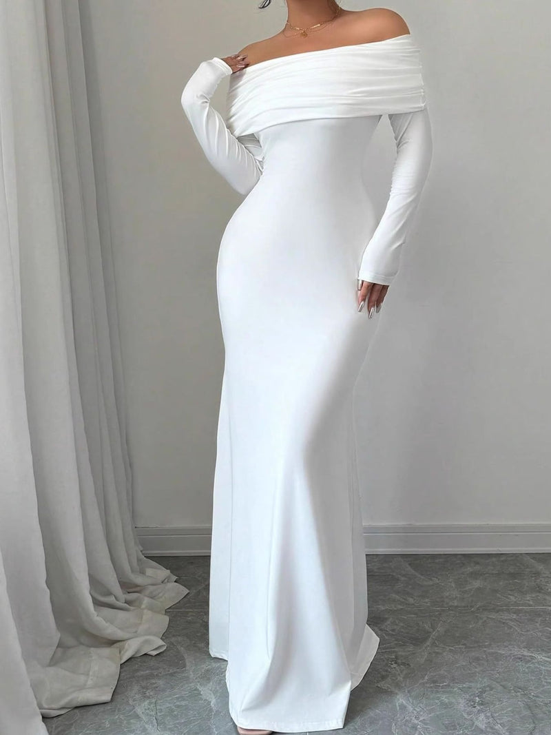Off shoulder ruched bodycon maxi dress front view