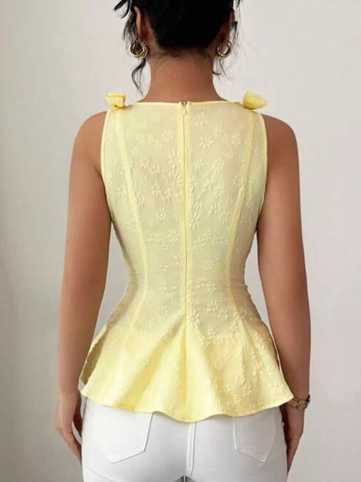 Bow shoulder peplum tank top back view