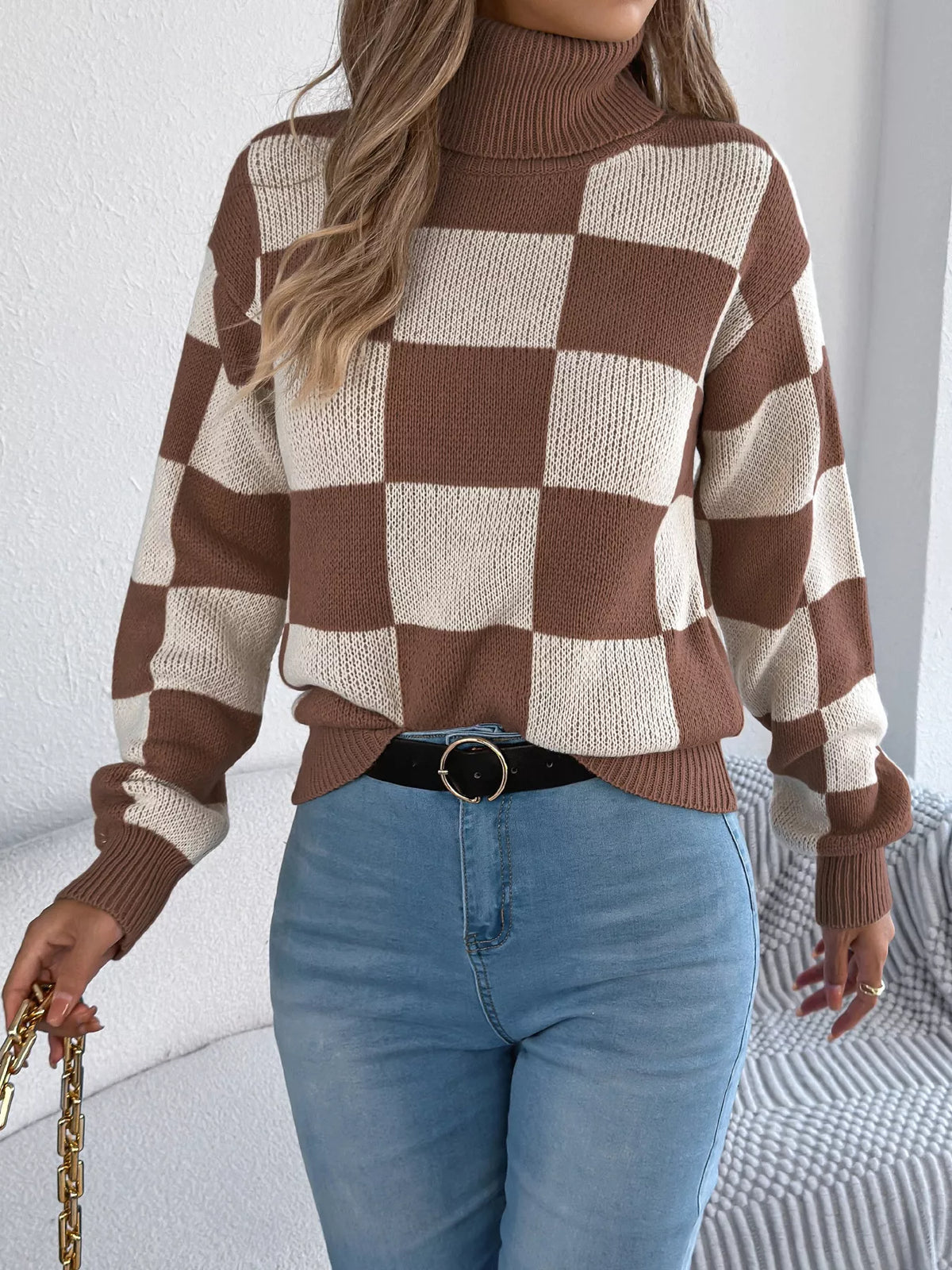 Checkered Turtleneck Long Sleeve Sweater view 14