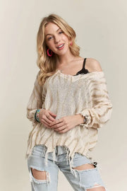 ADORA Frayed Zebra Knit Top IVORY LT GOLD - Fashorio