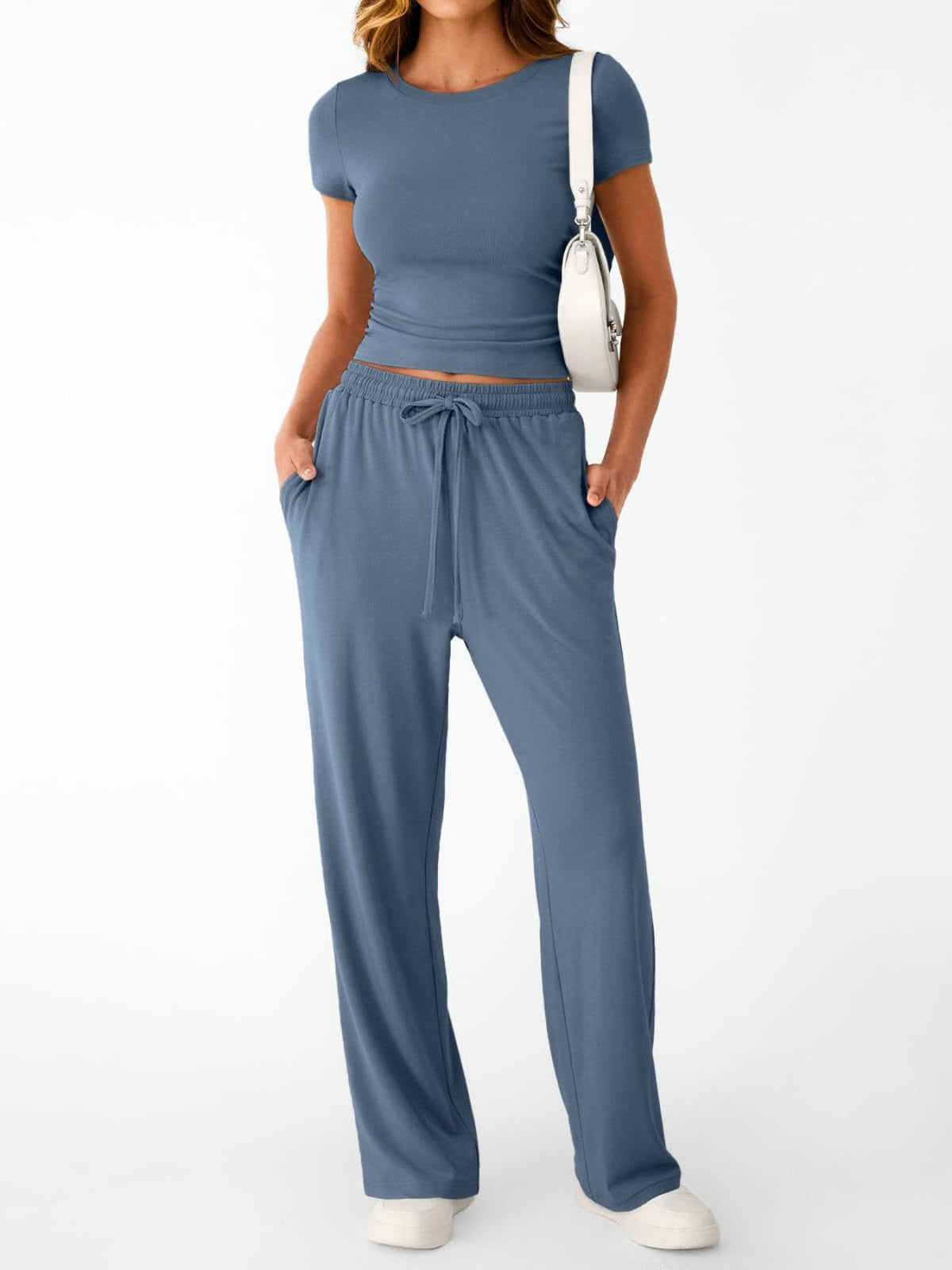 Round neck tee set styled outfit