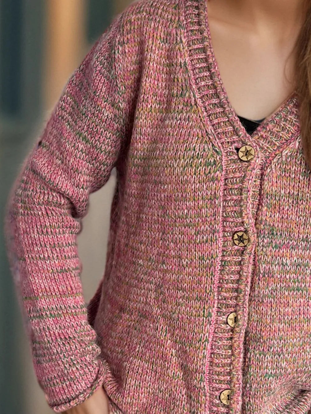 Heathered V-Neck Long Sleeve Cardigan - Fashorio