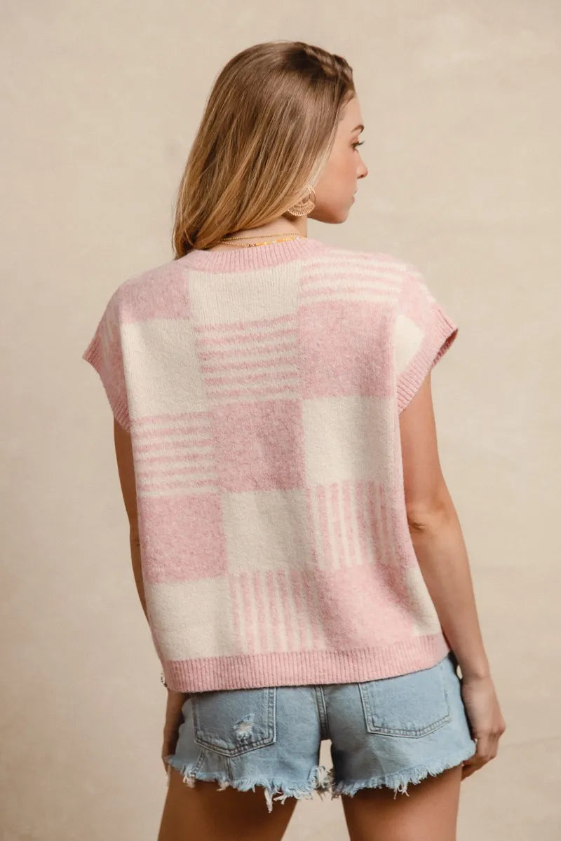 Blush Check and Stripe Sleeveless Sweater styled look