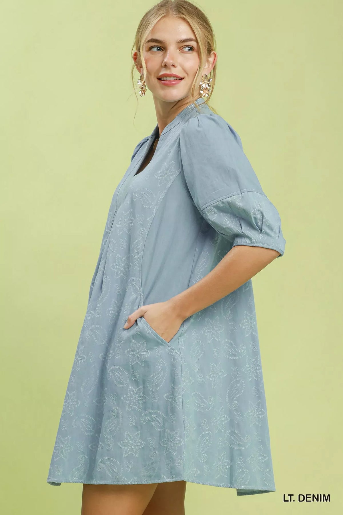 Light denim dress with contrast stitching side view