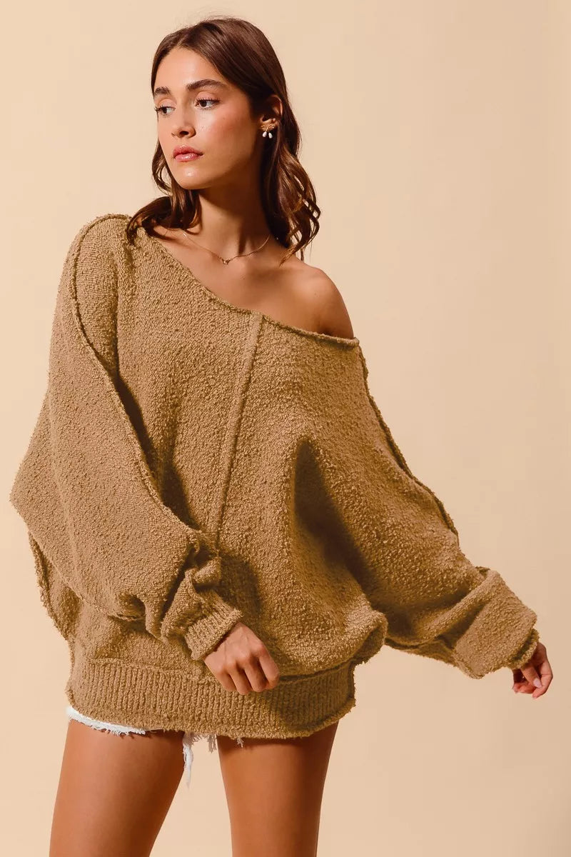 Slouchy Boucle Exposed Seam Sweater in Taupe back view