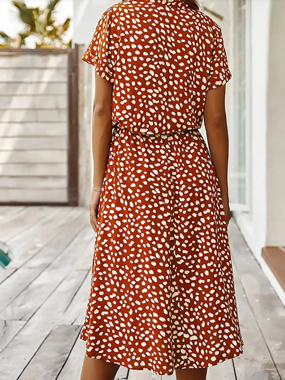 Polka dot button front midi dress styled view