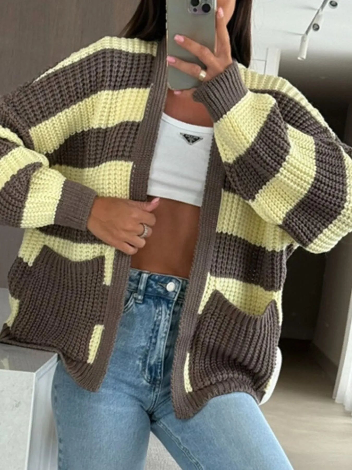 Striped Open Front Long Sleeve Cardigan - Fashorio