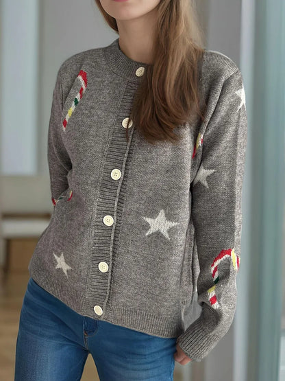 Candy Cane & Star Button Down Long Sleeve Cardigan Dark Gray One Size - Fashorio