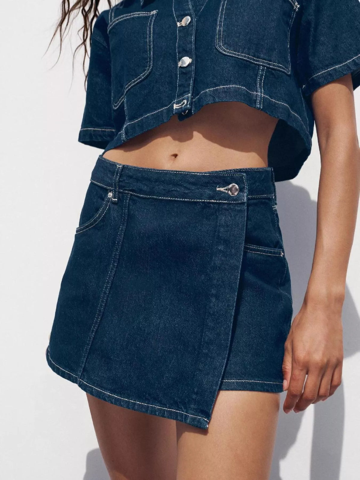 Denim skort set full outfit styling