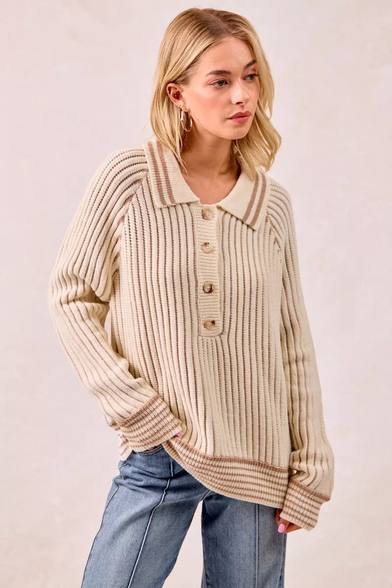 Half Button Ribbed Two Tone Sweater in Cream and Latte styled look