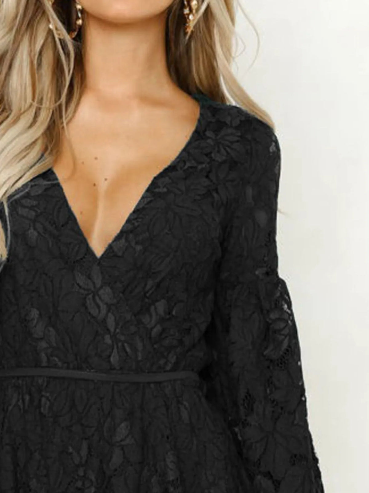 Lace mini dress button and tie detail