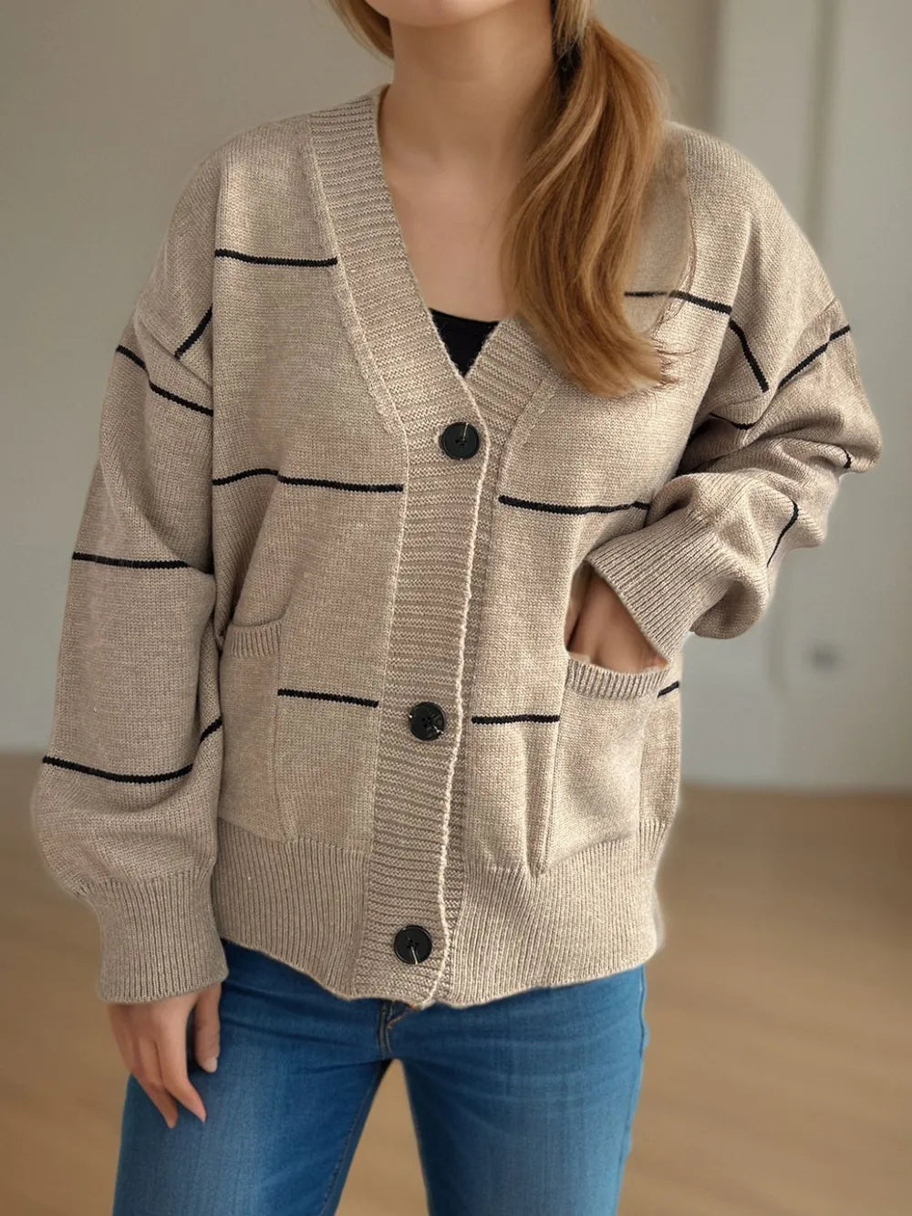 Striped Button Down V-Neck Long Sleeve Cardigan - Fashorio