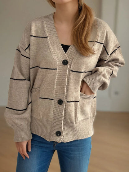 Striped Button Down V-Neck Long Sleeve Cardigan - Fashorio