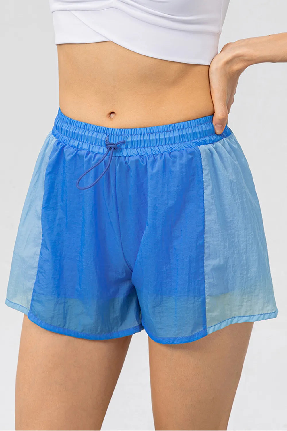 color block drawstring active shorts front view