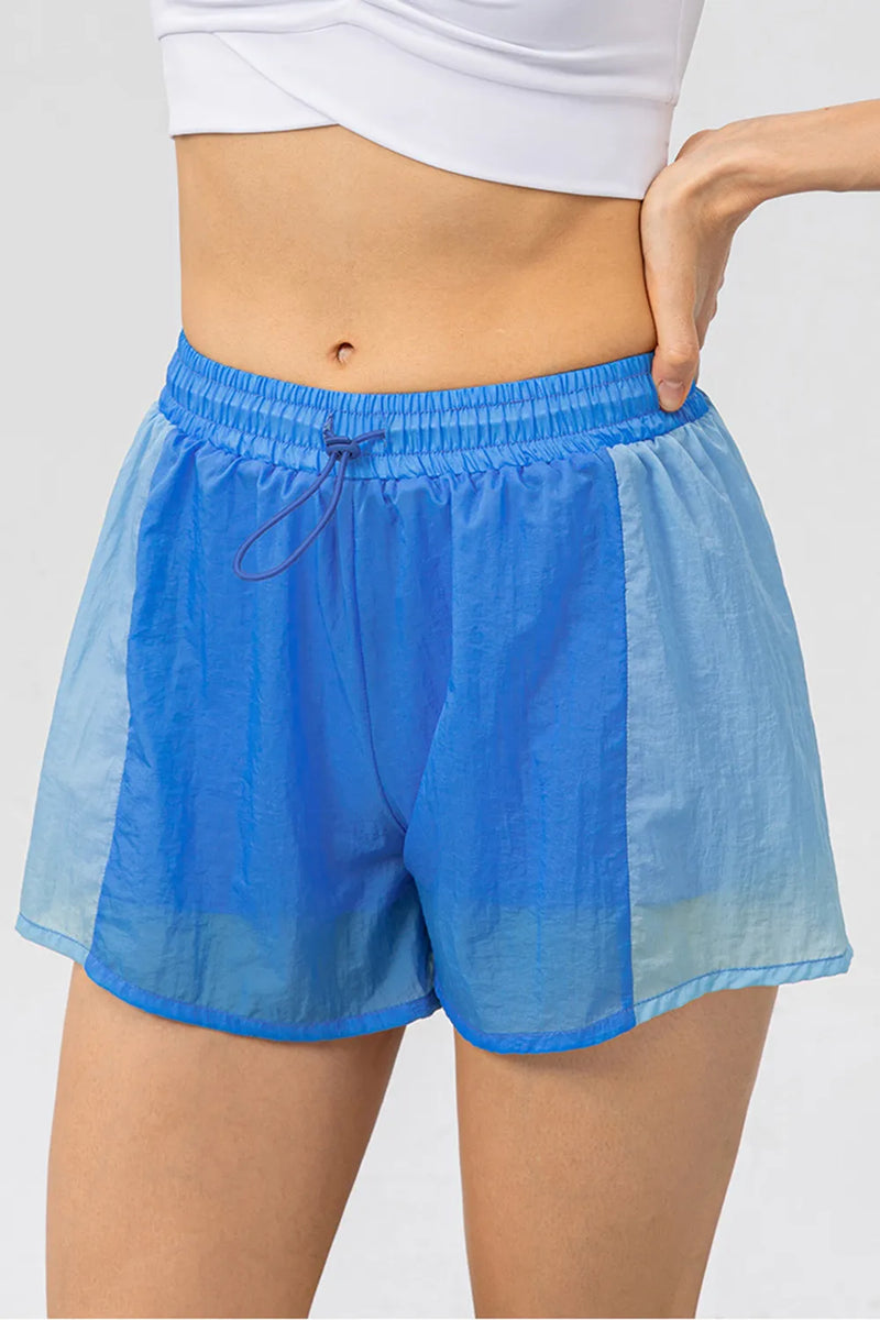 color block drawstring active shorts front view