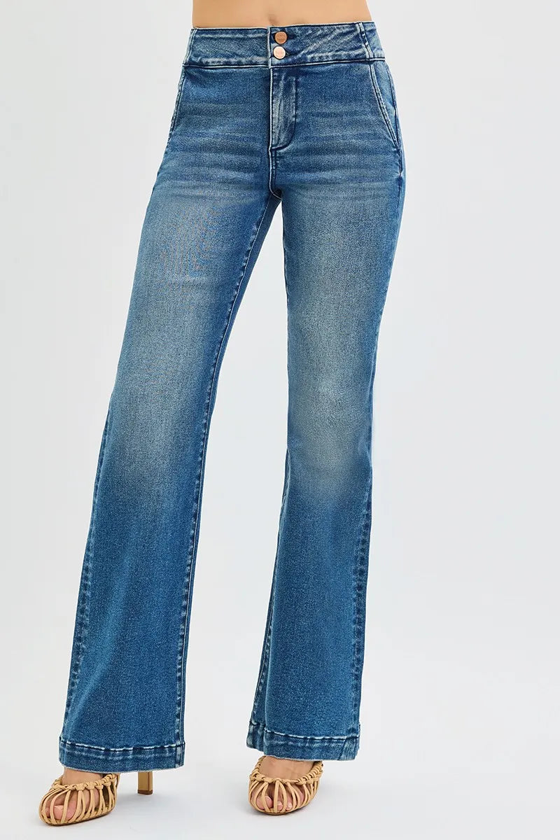 RISEN bootcut jeans side view showing elongating leg