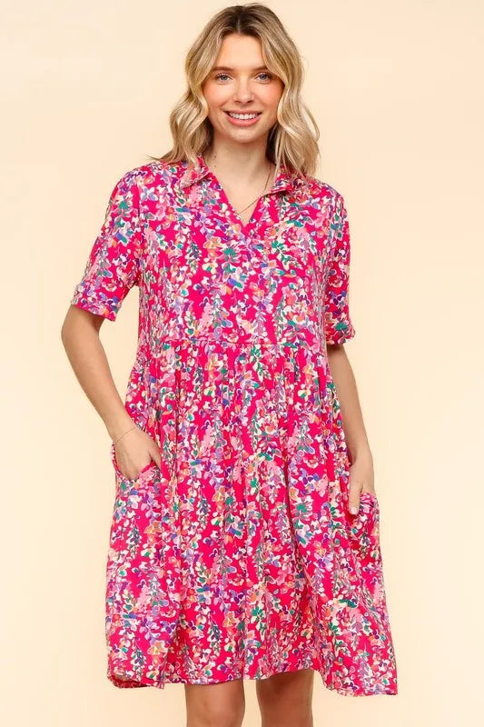 Johnny Collar Babydoll Dress with Pockets in Fuchsia detail