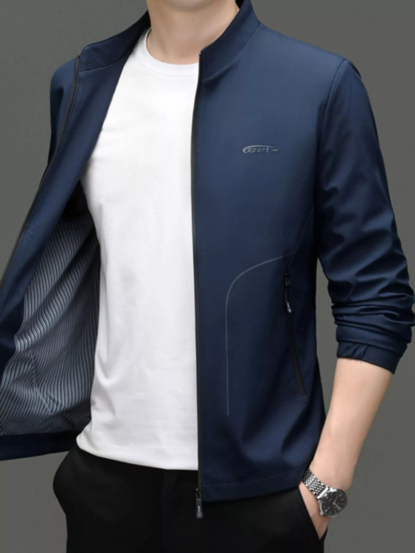 Men's Zip Up Long Sleeve Jacket Blue - Fashorio