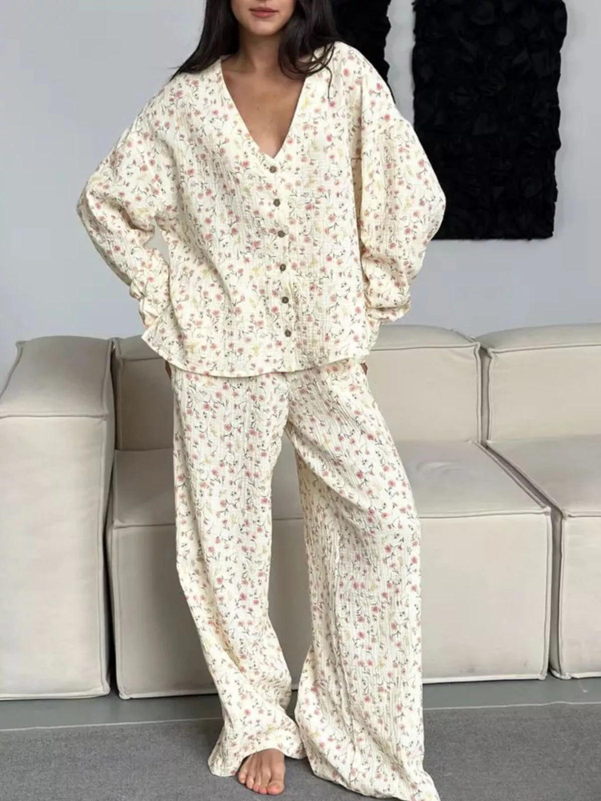 Floral print button down top and pants lounge set front