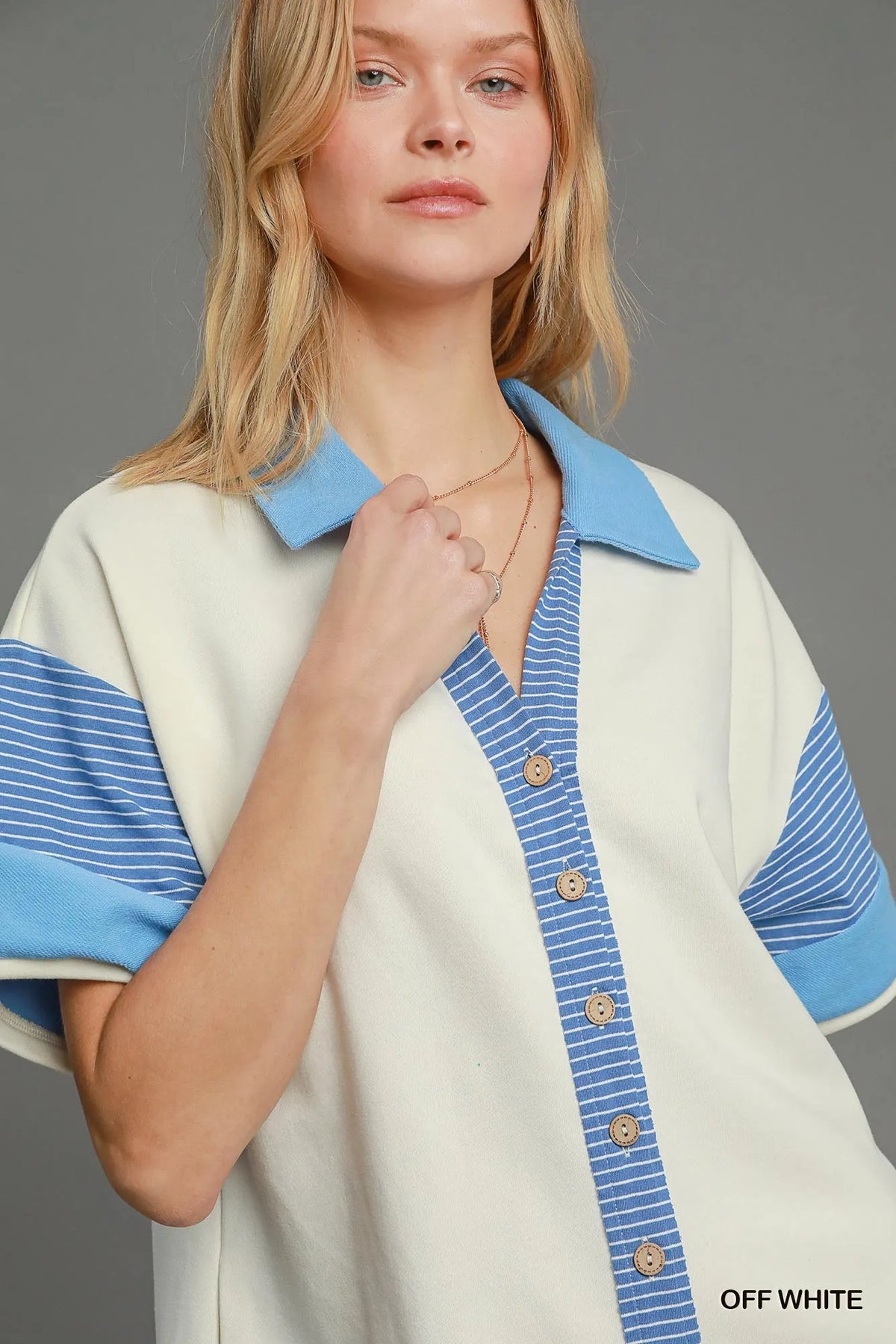 French Terry Collared Colorblock Romper styled look