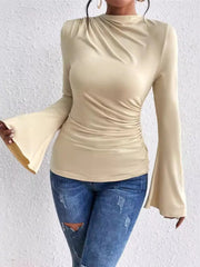 Bell Sleeve Ruched Fitted T-Shirt with Mock Neck Beige - Fashorio