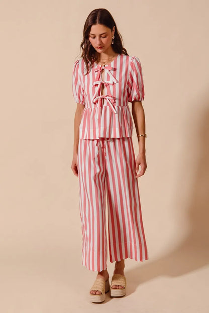 SO ME Front Tie Stripe Top With Puff Sleeves and Wide Leg Pants Set - Fashorio