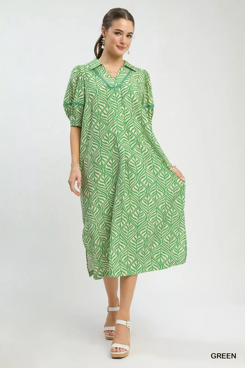 Printed Puff Sleeve Midi Dress with Pockets