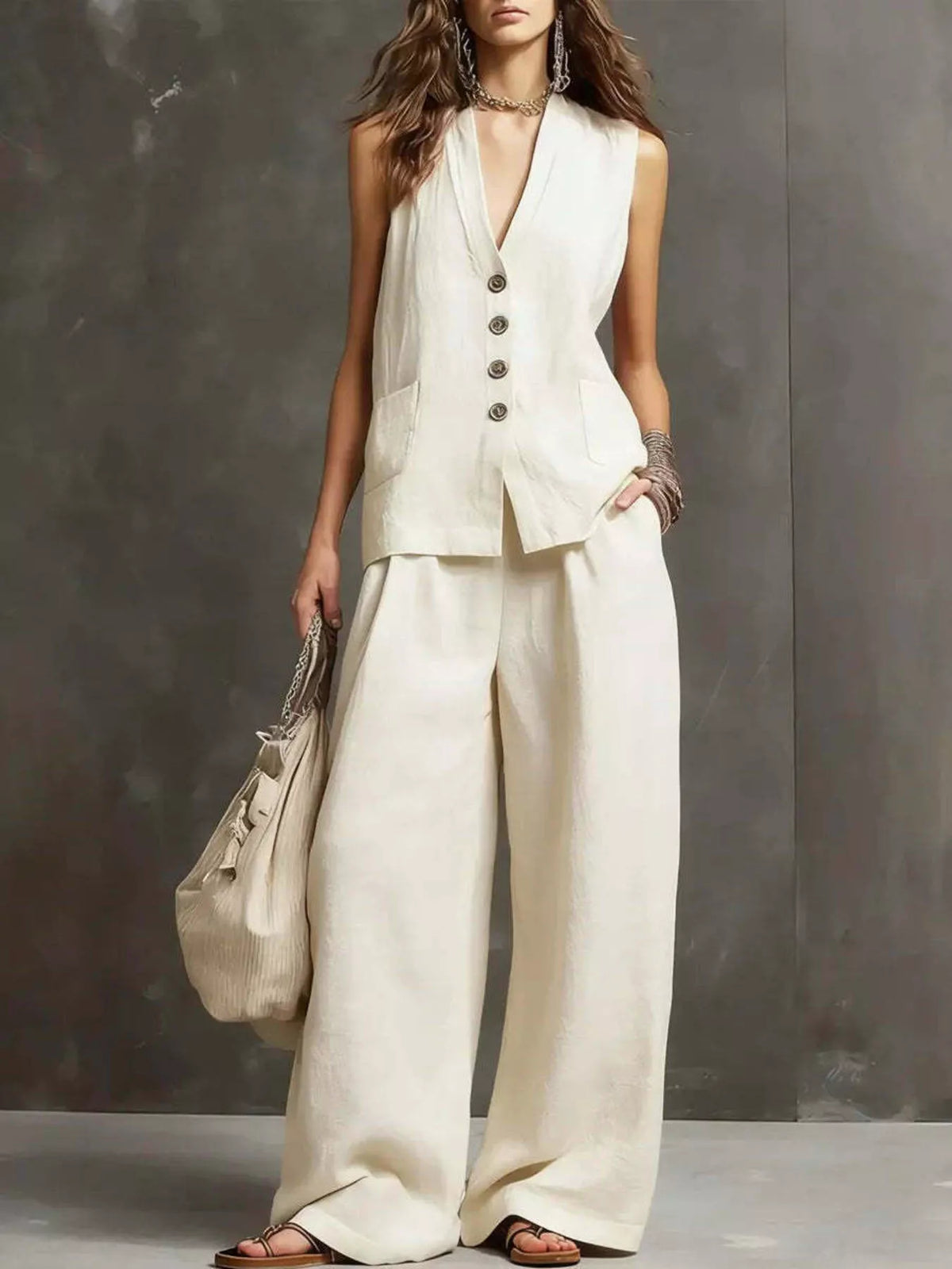 Detail of the pocketed wide leg pants