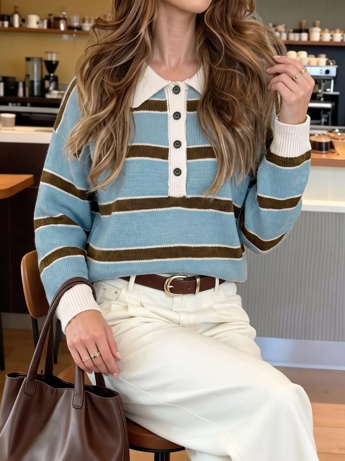 Striped Button Polo Collar Sweater in Blue on model