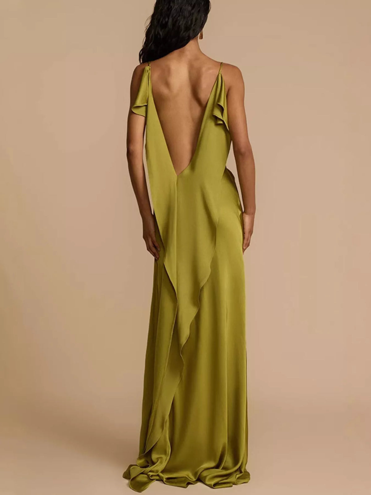 Matcha satin cowl neck slit maxi dress styled look