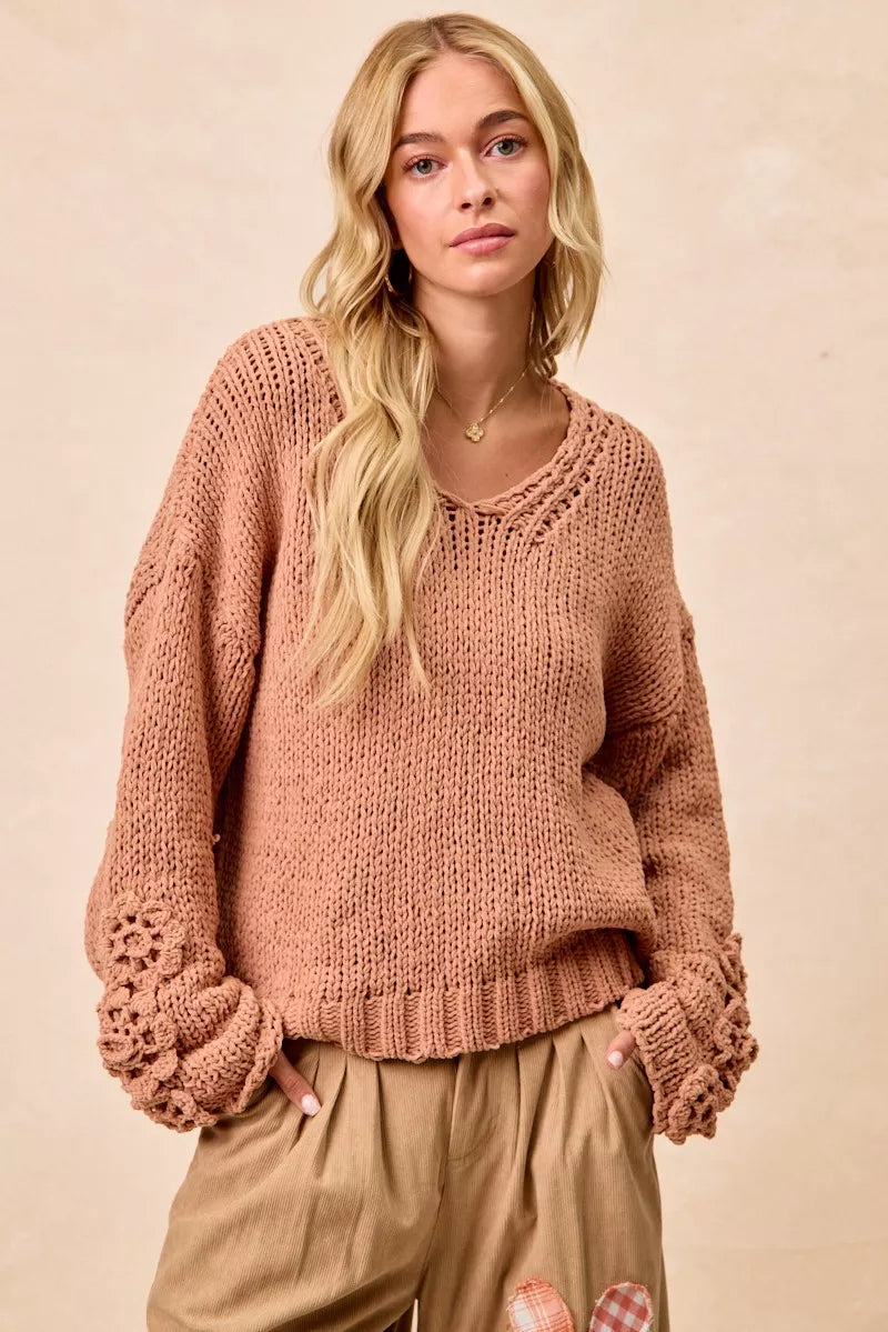 Chunky Knit Sweater with Floral Sleeves in Dusty Peach