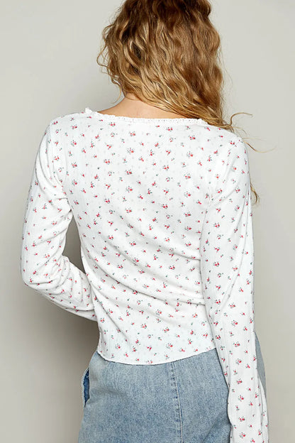 POL Floral V-Neck Long Sleeve T-Shirt - Fashorio