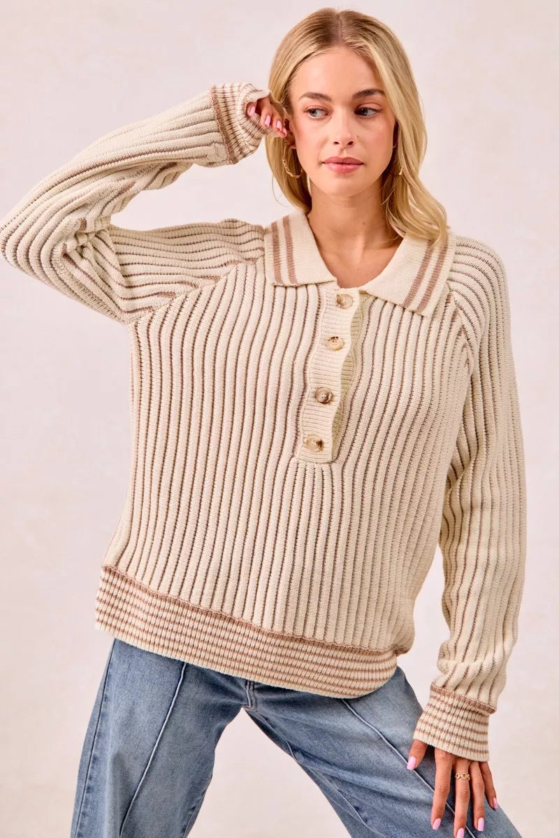 Half Button Ribbed Two Tone Sweater in Cream and Latte view 8